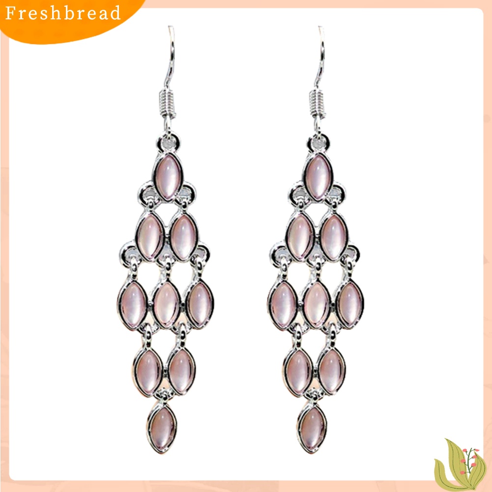 &lt; Freshbread &gt; Fashion Cat Eye Faux Moonstone Menjuntai Panjang Wanita Anting Kait Perhiasan Pesta