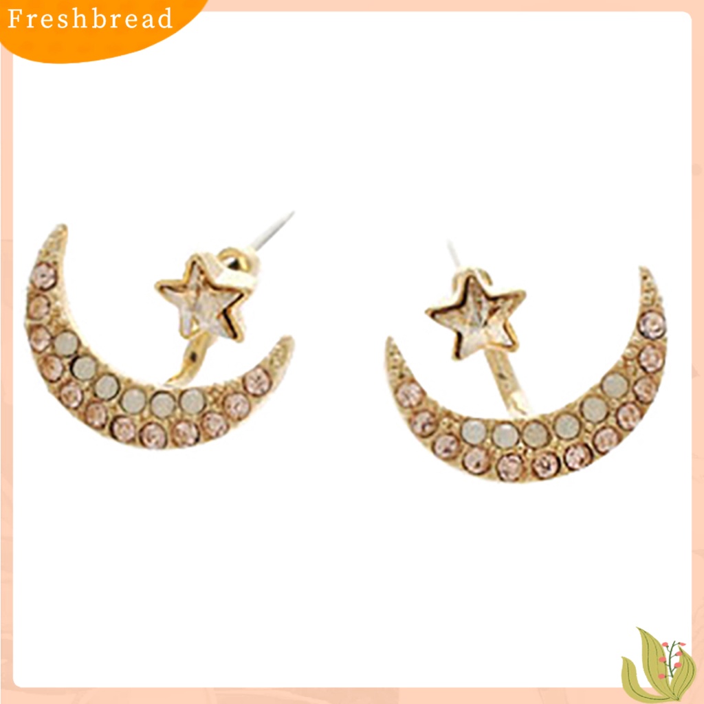 &lt; Freshbread &gt; 1pasang Anting Bentuk Bulan Bintang Desain Berlian Imitasi Bahan Alloy Wanita Fashion Ear Studs Untuk Hadiah