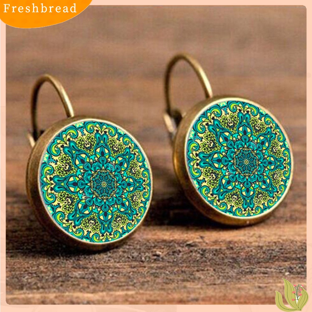 &lt; Freshbread &gt; Vintage Bunga Lotus Mandala Kaca Cabochon Leverback Anting Wanita Perhiasan