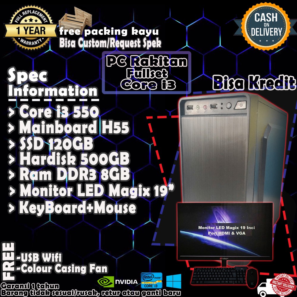 Pc Komputer Cpu Kantor Rakitan Fullset Core i3 550 Ram 8GB Hardisk 500Gb Ssd 120GB