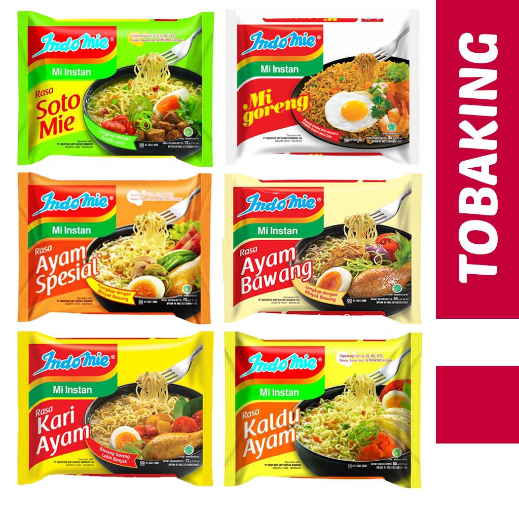 

Indomie Mie Instan / Indomie Goreng / Indomie Kuah / Indomie Soto / Indomie Ayam Bawang / Indomie Kari Ayam