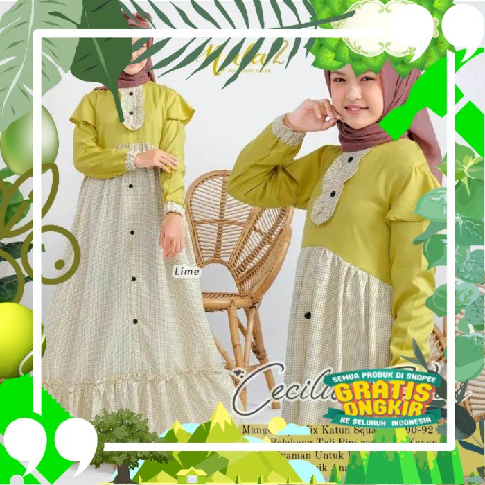 Gamis Muslim Anak Wanita Remaja Tanggung Umur 11 - 12 - 13 Tahun - Lime BT175/ edisi lebaran2023