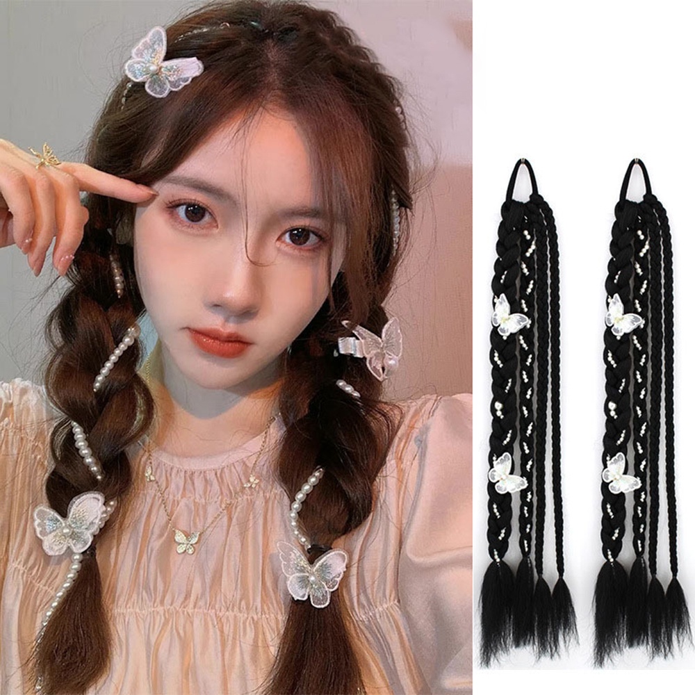 1pcs Gaya Korea Y2K Mutiara Memutar Kepang Dengan Kupu-Kupu Tulang Ikan Double Ponytail Wig Untuk Wanita Gadis Aksesoris Rambut