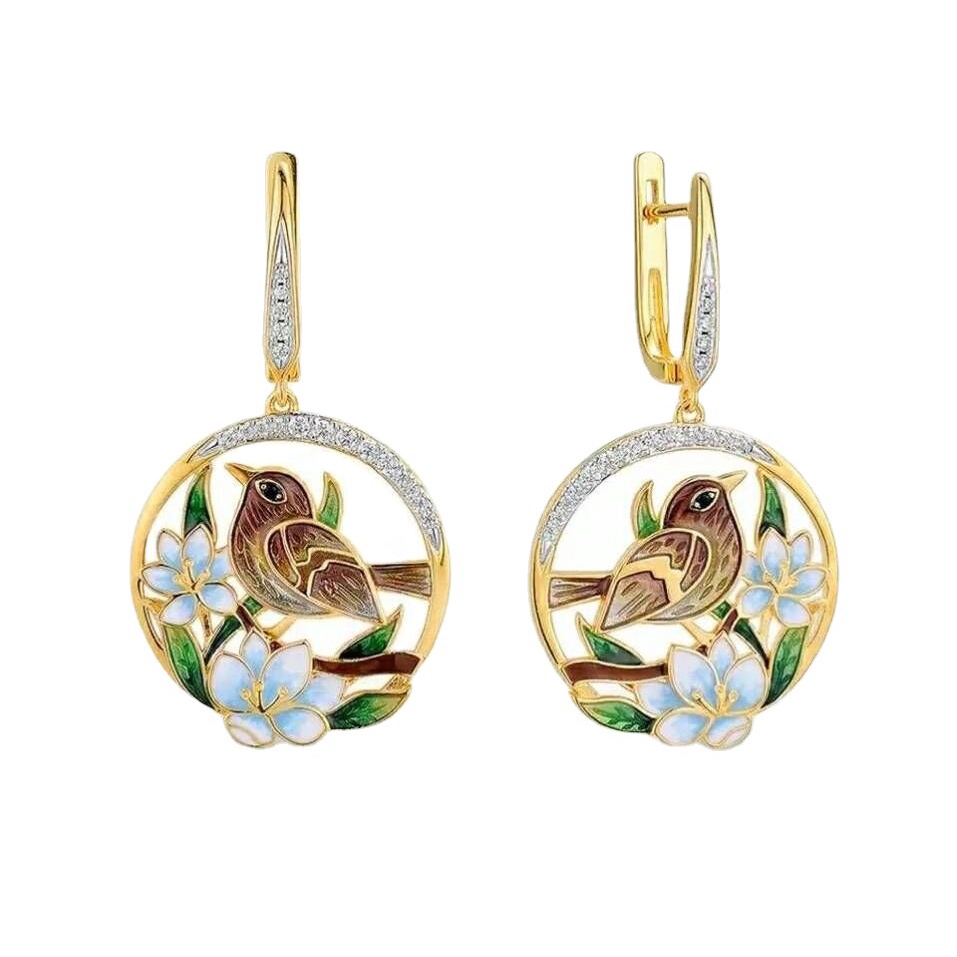 Goldkingdom Aksesoris Perhiasan Fashion Ready Stock Cloisonne Bird Anting Bunga Emas Anting Berlian Penuh