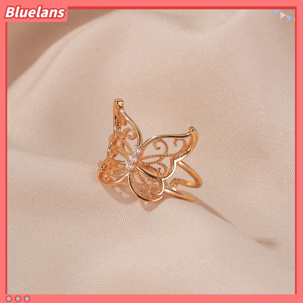 {In Stock} Fashion Wanita Berongga Kupu-Kupu Berlian Imitasi Pembukaan Lebar Jari Cincin Perhiasan Pesta