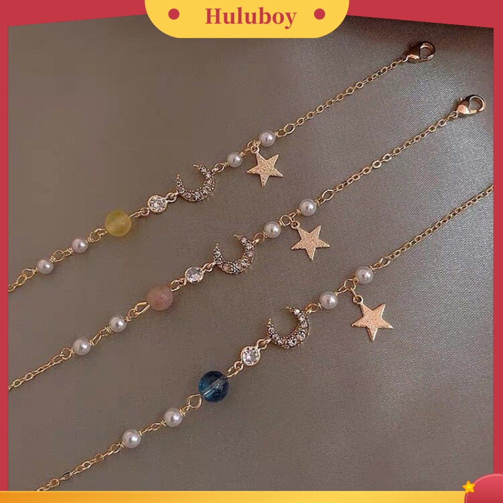 {Ready Stock} Sweet Star Faux Pearl Moon Beads Gelang Rantai Alloy Adjustable Untuk Anniversary