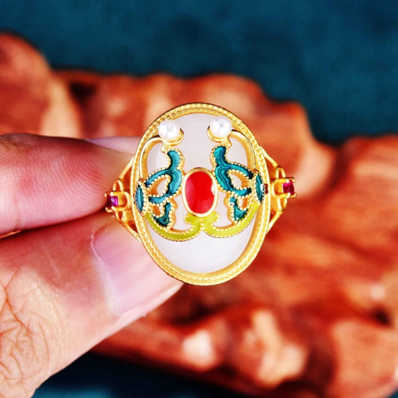 Goldkingdom Fashion Perhiasan Aksesoris Ready Stock Emas Kuno Bertatahkan Hetian Giok Cincin Perempuan Enamel Biru Dicat Cincin Perempuan Adjustable Retro Cincin Istana.