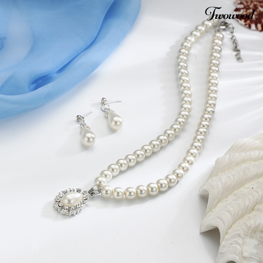 Twowood Water Drop Mutiara Imitasi Manik-Manik Berlian Imitasi Bridal Kalung Anting Set Perhiasan