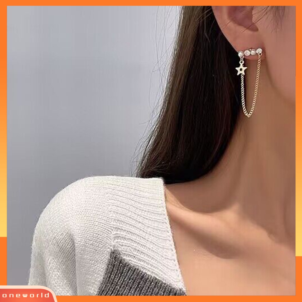 [OWR] 1pasang Drop Earrings Golden Chain Star Charm Mutiara Imitasi Kepribadian Berlian Imitasi Bertatahkan Wanita Stud Earrings Fashion Jewelry