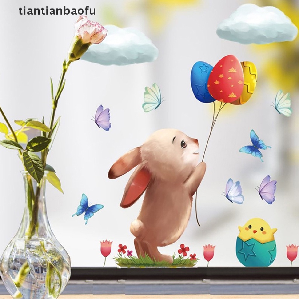 [tiantianbaofu] 1pc Happy Easter Stiker Jendela Kaca Warna Warni Bunny Eggs Wall Decal 20x30cm Butik