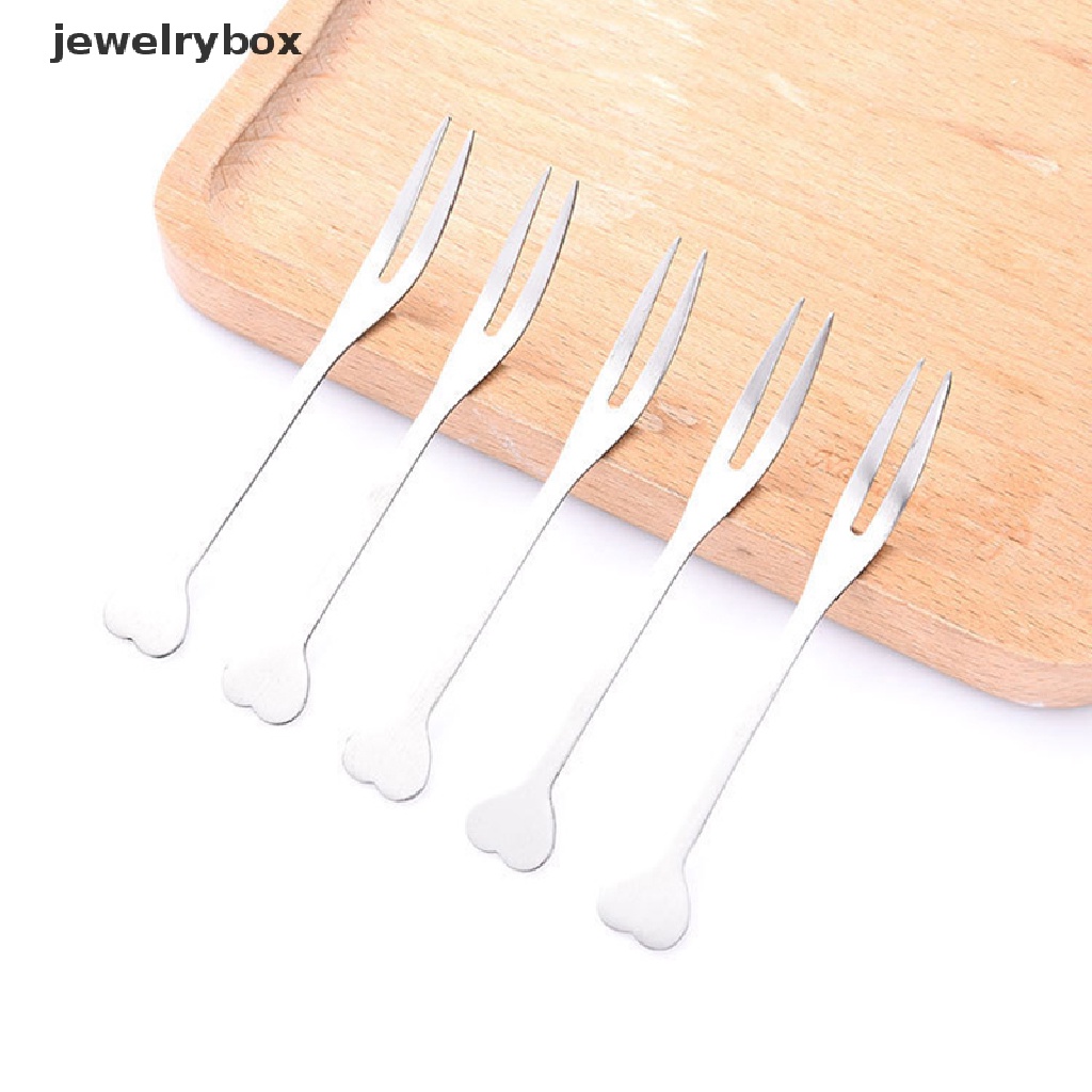 [jewelrybox] 5pcs Outdoor Cutlery Fruit Fork Set Pastry Forks Berbentuk Hati Stainless Steel Kue Dessert Camping Aksesoris Untuk Makan Siang Butik