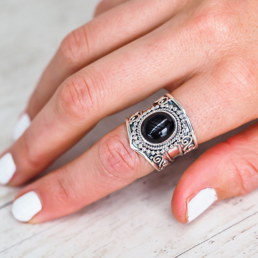 Goldkingdom Aksesoris Perhiasan Fashion Ready Stock Eropa Dan Amerika Vintage Moonstone Thai Cincin Perak Wanita Hitam Onyx Pirus Tangan Ornamen