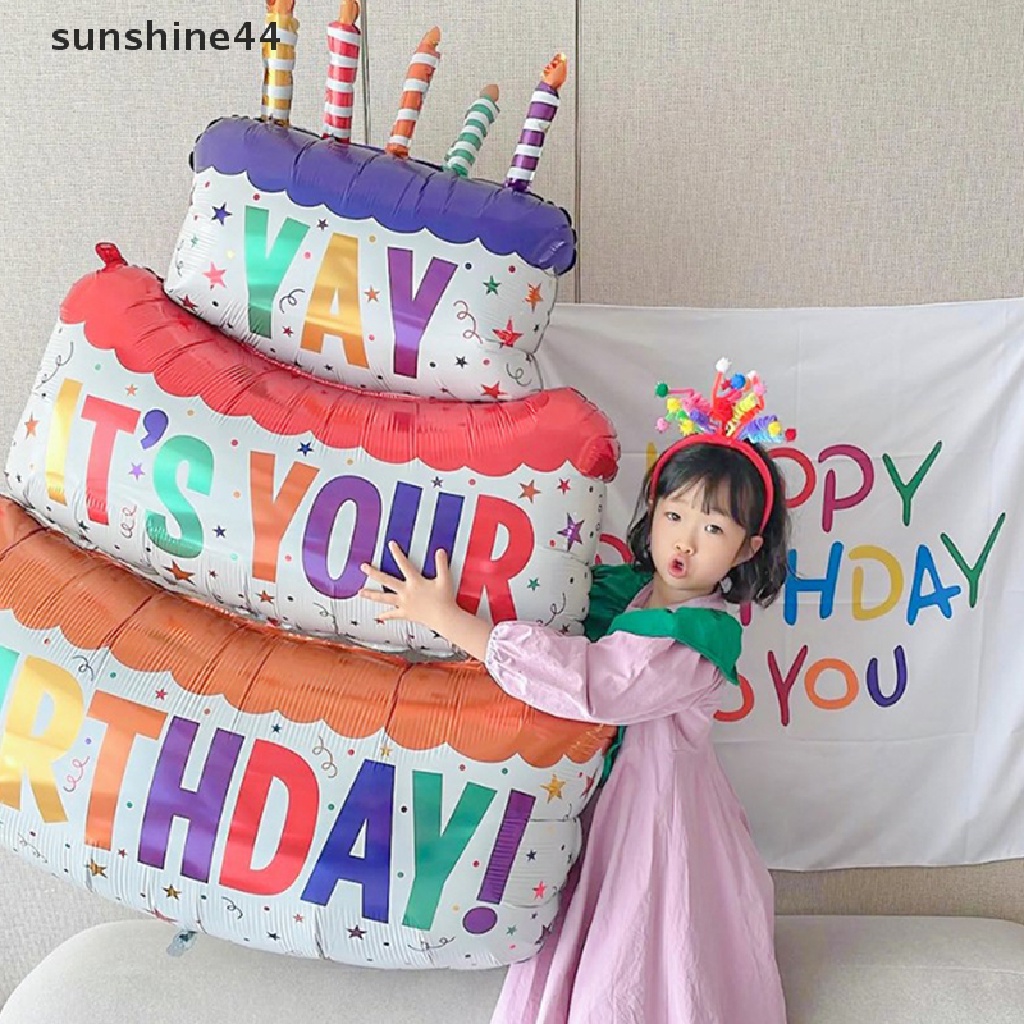 Sunshine Balon Kue Happy Birthday Besar 3-Layer Color Cake Balloons Bear Balon Kue Untuk Pesta Ulang Tahun Anak Baby Shower Dekorasi ID