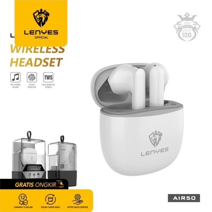 LENYES TWS Earphone Air 50 True Wireless Headset Bass Hi-Fi Bluetooth - Putih headset handsfree earbud rechargeable stereo in ear mini