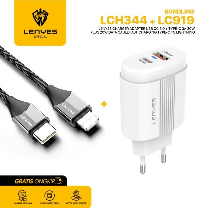 Lenyes LCH344 + LC919 Charger Handphone + Data Cable Paket Bundle original kabel cable casan travel charger tc android usb charger micro usb type c batok kepala charger