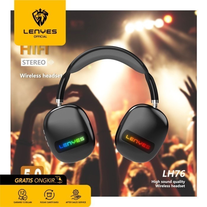 Lenyes LH76 Stereo Wireless Headset TWS RGB Bluetooth Hi-Fi Original earphone music musik gamer