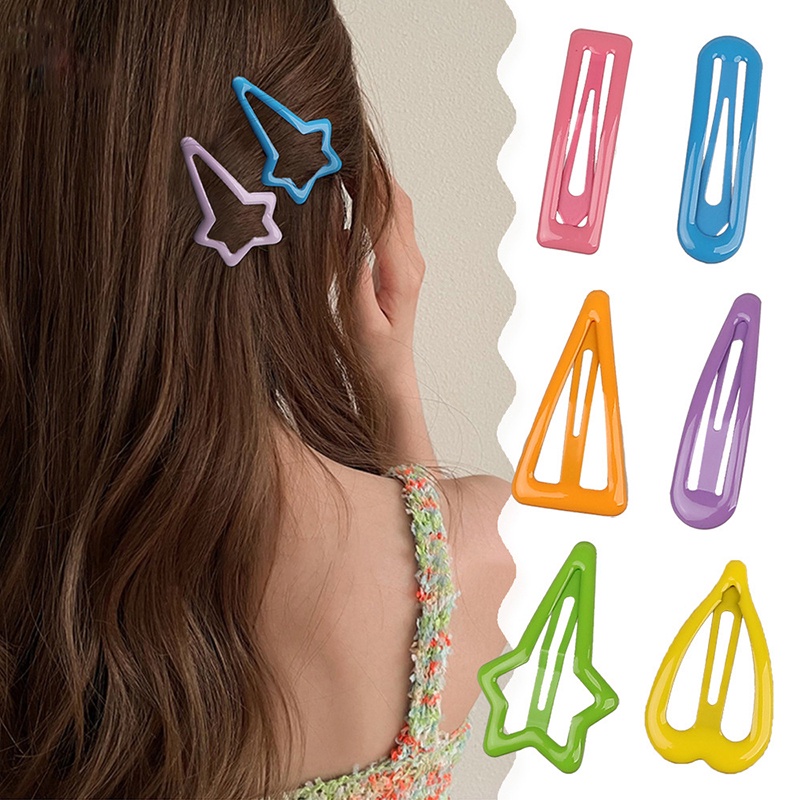 10pcs/set Jepit Rambut Snap Warna Permen Bintang Manis Persegi Tetesan Air Jepit Rambut Minimalis Jepit Logam Manis Aksesoris Rambut Untuk Anak Perempuan