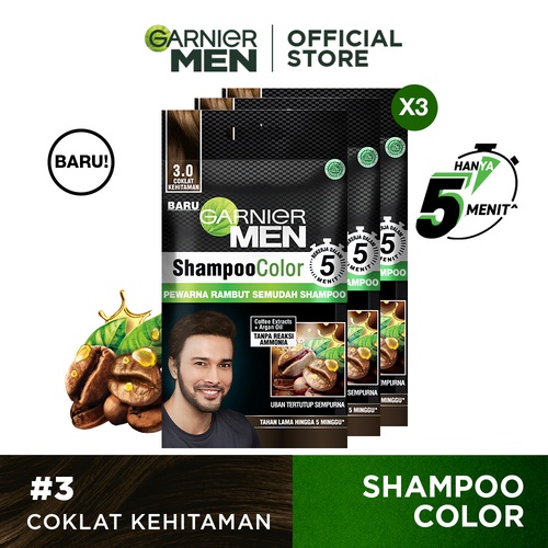 (PAKET HEMAT ISI 3) Garnier Men Shampoo Color Hair Color #3 Coklat Kehitaman - 20ml (Untuk Rambut Le