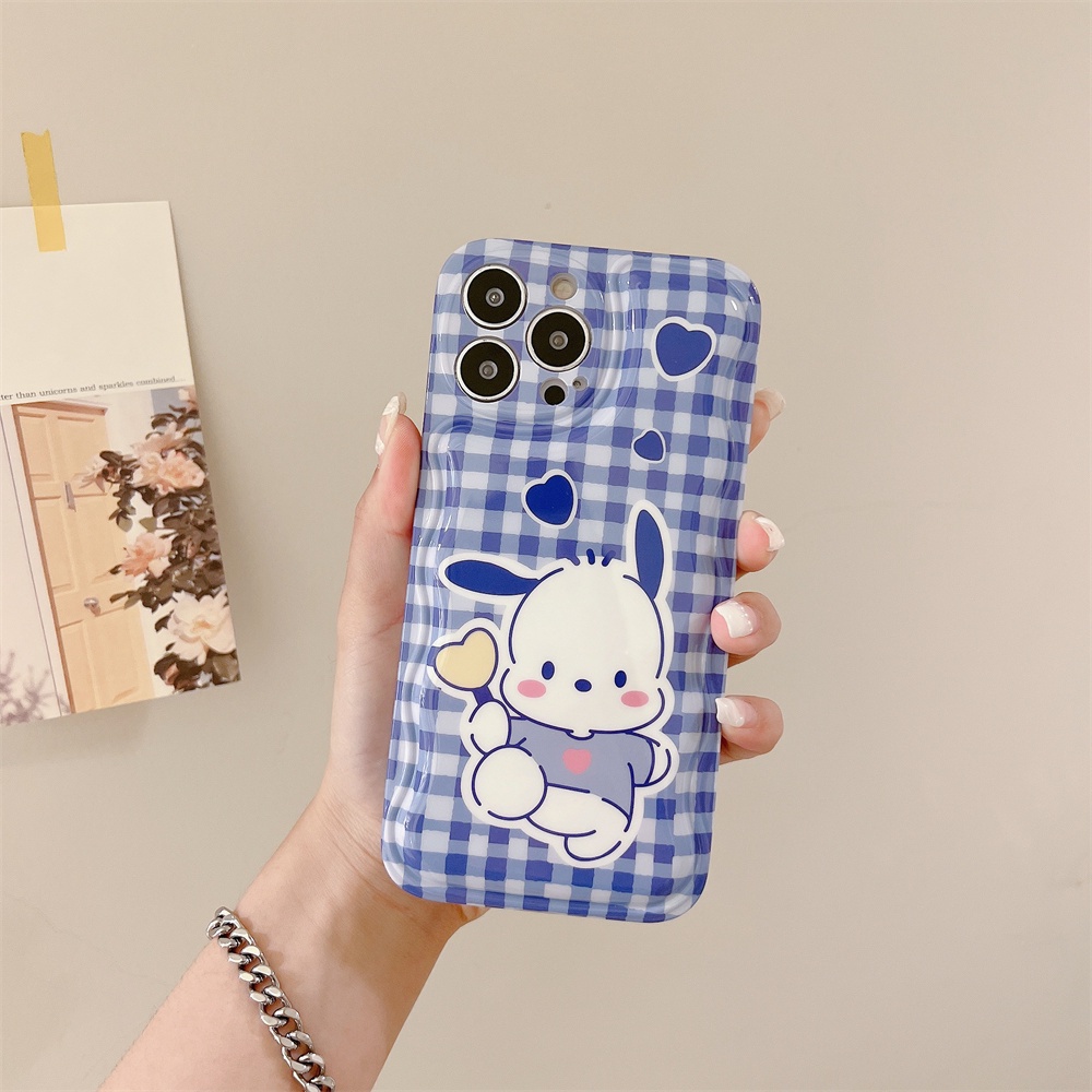 IPHONE Ins Biru Diperiksa Pacha Anjing Cek Gelombang Desain Hitam Dan Putih Casing Ponsel Untuk Iphone14 14Pro 11 12 13 Pro Max Case Soft Shell TPU Cover Pelindung