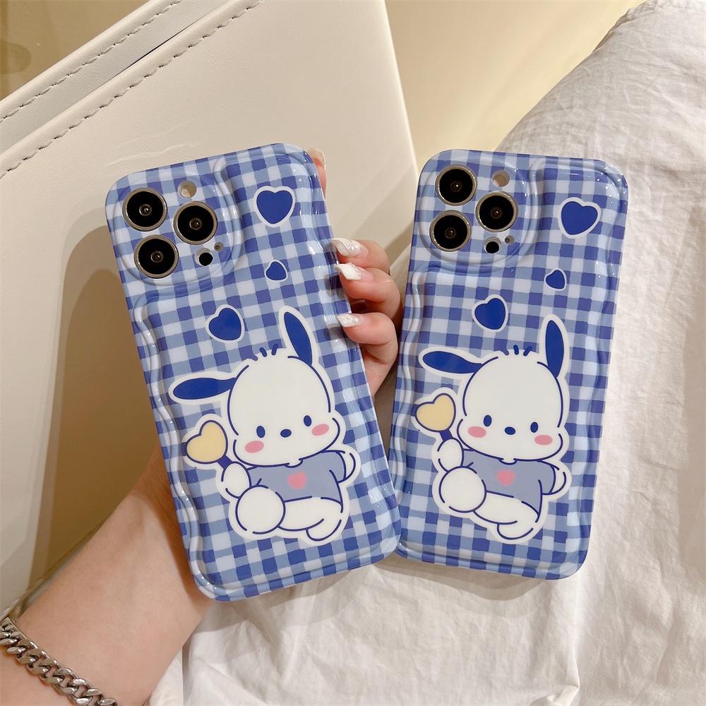 IPHONE Ins Biru Diperiksa Pacha Anjing Cek Gelombang Desain Hitam Dan Putih Casing Ponsel Untuk Iphone14 14Pro 11 12 13 Pro Max Case Soft Shell TPU Cover Pelindung
