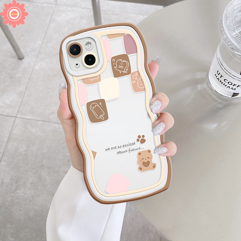 Casing Ponsel Kompatibel Untuk iPhone 7Plus 11 13 14 12 Pro Max 6s 7 8 6 14 Plus X XR XS Max SE 2020 Wavy Edge Soft Tpu Lucu Kartun Beruang Pasangan Kotak-Kotak Ice Cream Cover