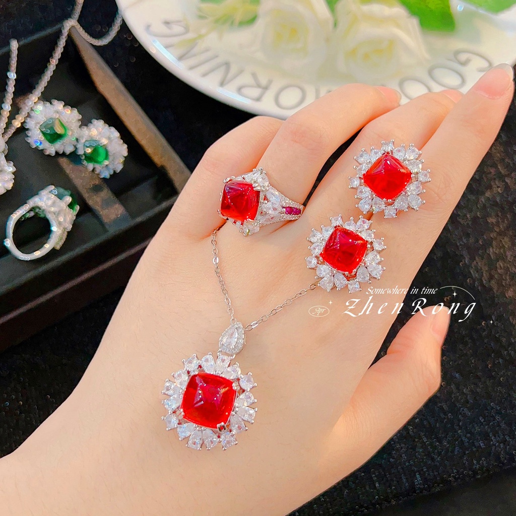 Goldkingdom Aksesoris Perhiasan Fashion Ready Stock Sederhana Menara Gula Set Anting Royal Biru Liontin Kalung Zamrud Cincin Ruby