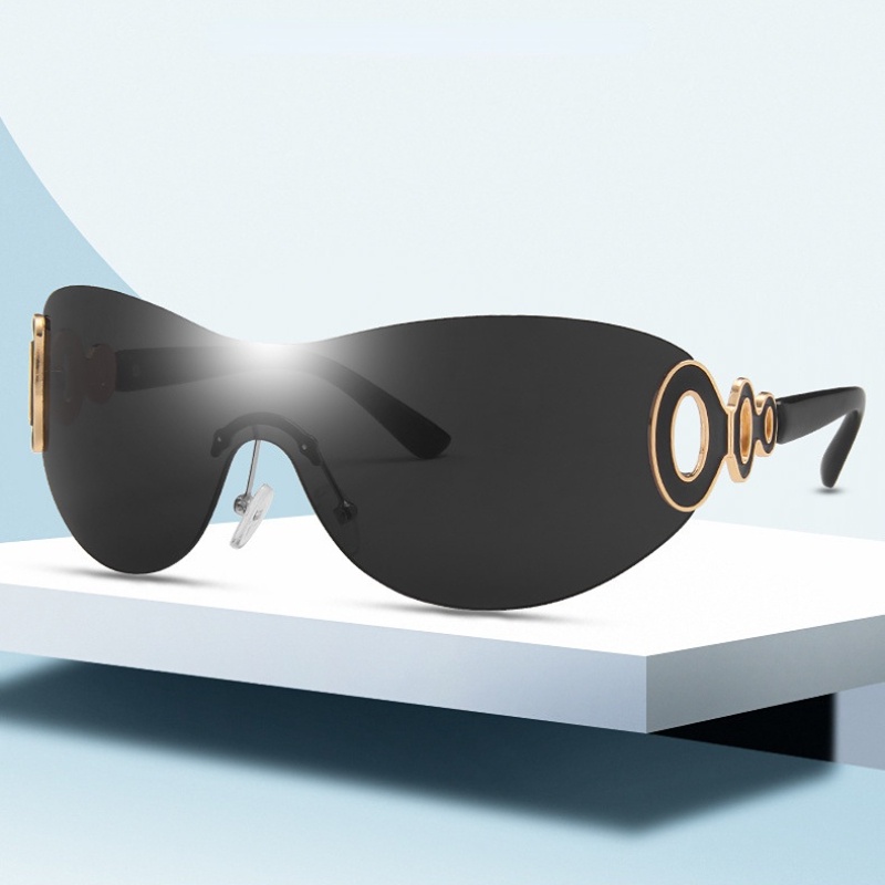 (YUZHU) Kacamata Hitam One Piece Y2K Gaya Baru Untuk Wanita Teardrop-shaped Oversized Rimless Sunglasses