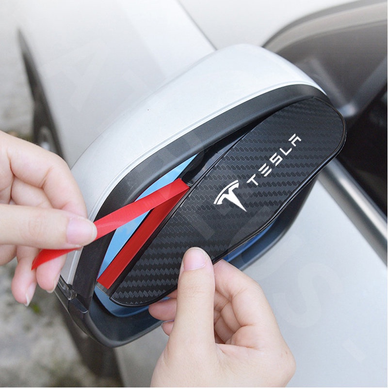 2pcs Tesla Model Y Model 3s X Serat Karbon Kaca Spion Mobil Rain Alis Rainproof Cover