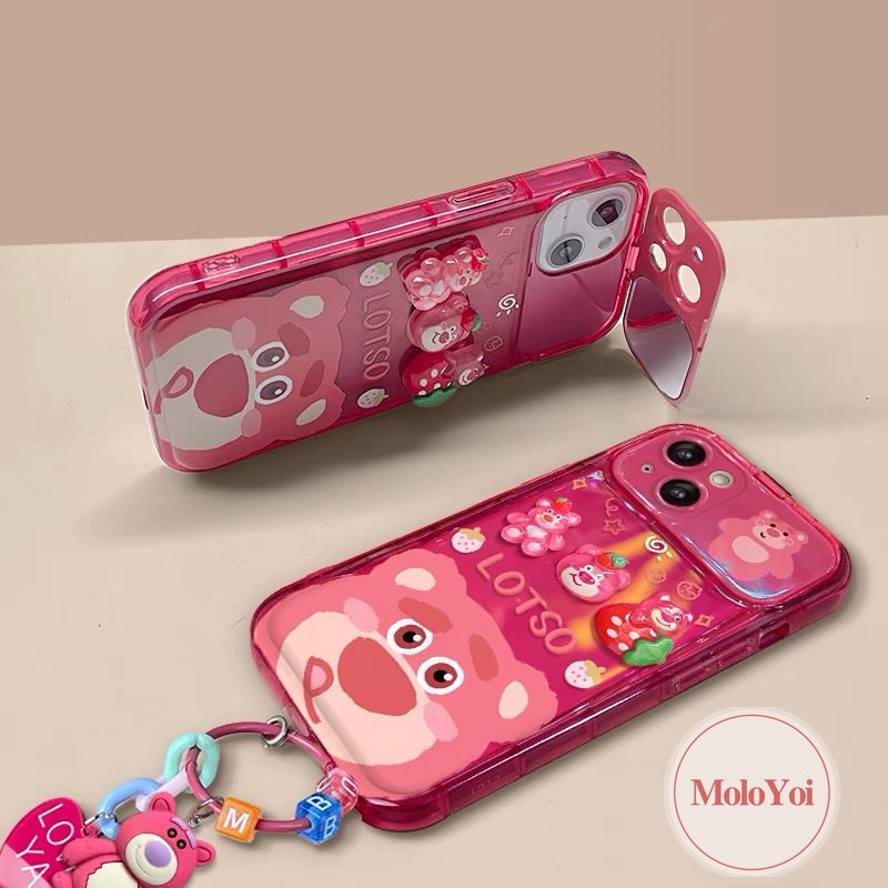 IPHONE 3d Flip Make Up Cermin Imut Strawberry Bear Manyo Toys Case Kompatibel Untuk Iphone14 11 12 13 Pro MAX 7Plus XR 11 Pro MAX 7 8 14 Plus X XS MAX SE Soft Cover Tahan Guncangan