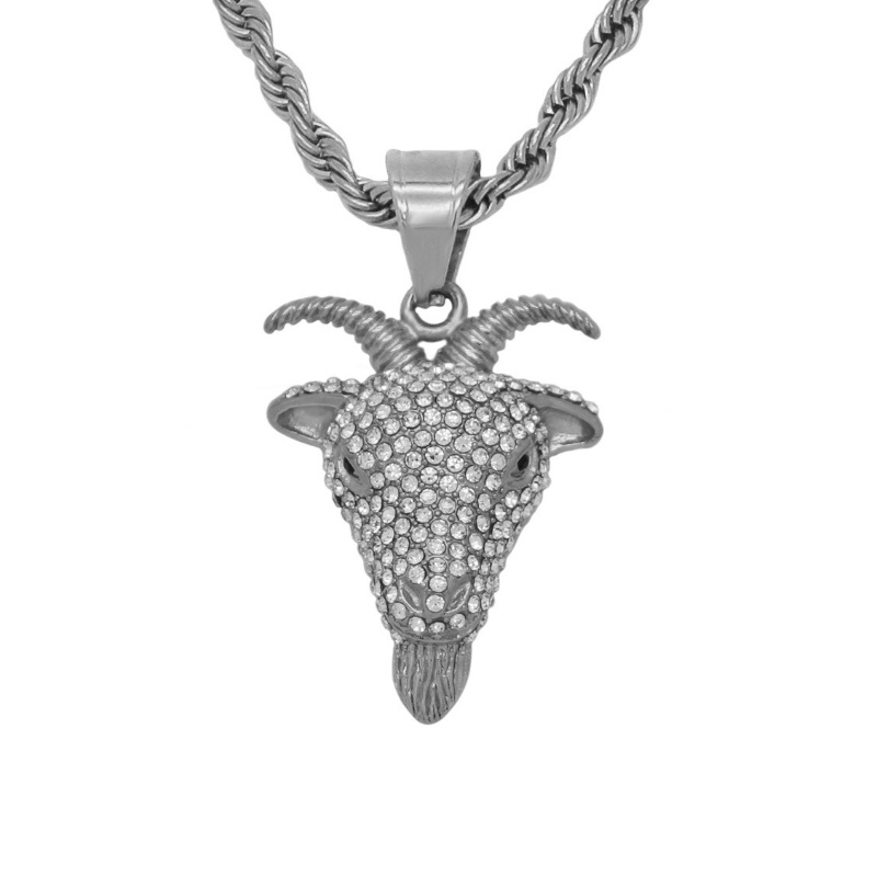 [Z H Perhiasan] Vintage Jenggot Kambing Penuh Berlian Hip Hop Liontin Fashion Pria Anti Karat Kalung Pesta Baja Titanium Perhiasan Aksesoris Grosir