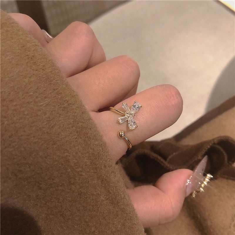 Open design sparkling diamond zircon butterfly gold ring lady korean