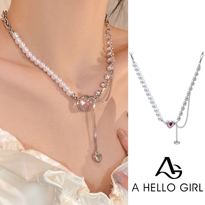 Kalung Rantai Klavikula Desain Hati Aksen Mutiara Warna Pink Untuk Wanita