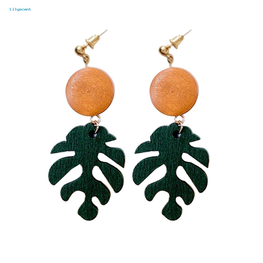 Lilyscent Bohemian Kayu Monstera Daun Menjuntai Wanita Stud Earrings/Klip Telinga Perhiasan Hadiah