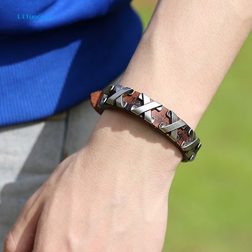 Lilyscent Wanita Pria Punk Bergaya Kulit Bangle Alloy Gelang Cuff Gelang Perhiasan