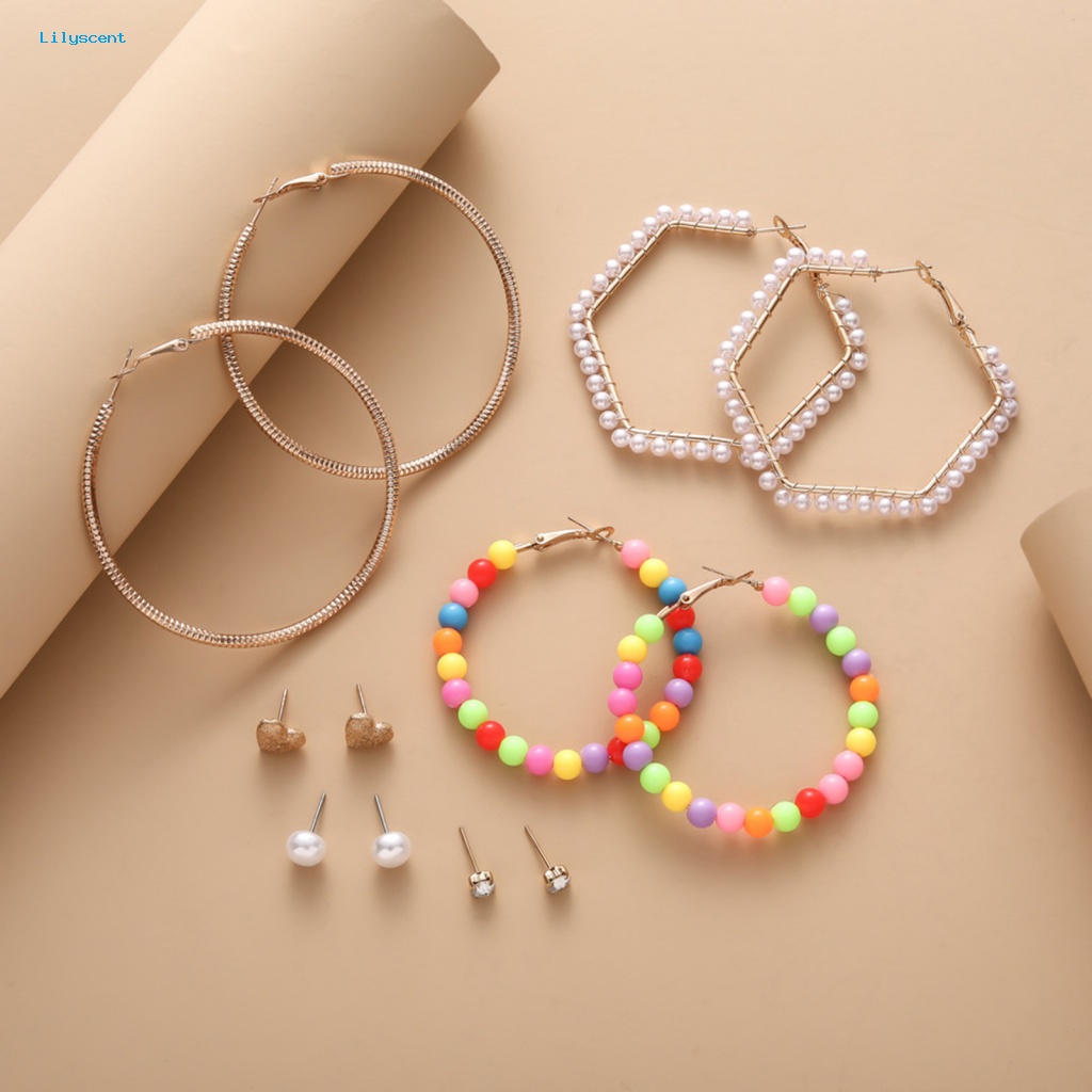 Lilyscent 6pasang Anting Lingkaran Geometris Hadiah Hari Valentine Wanita Hoop Earrings Ear Jewelry Temperamen