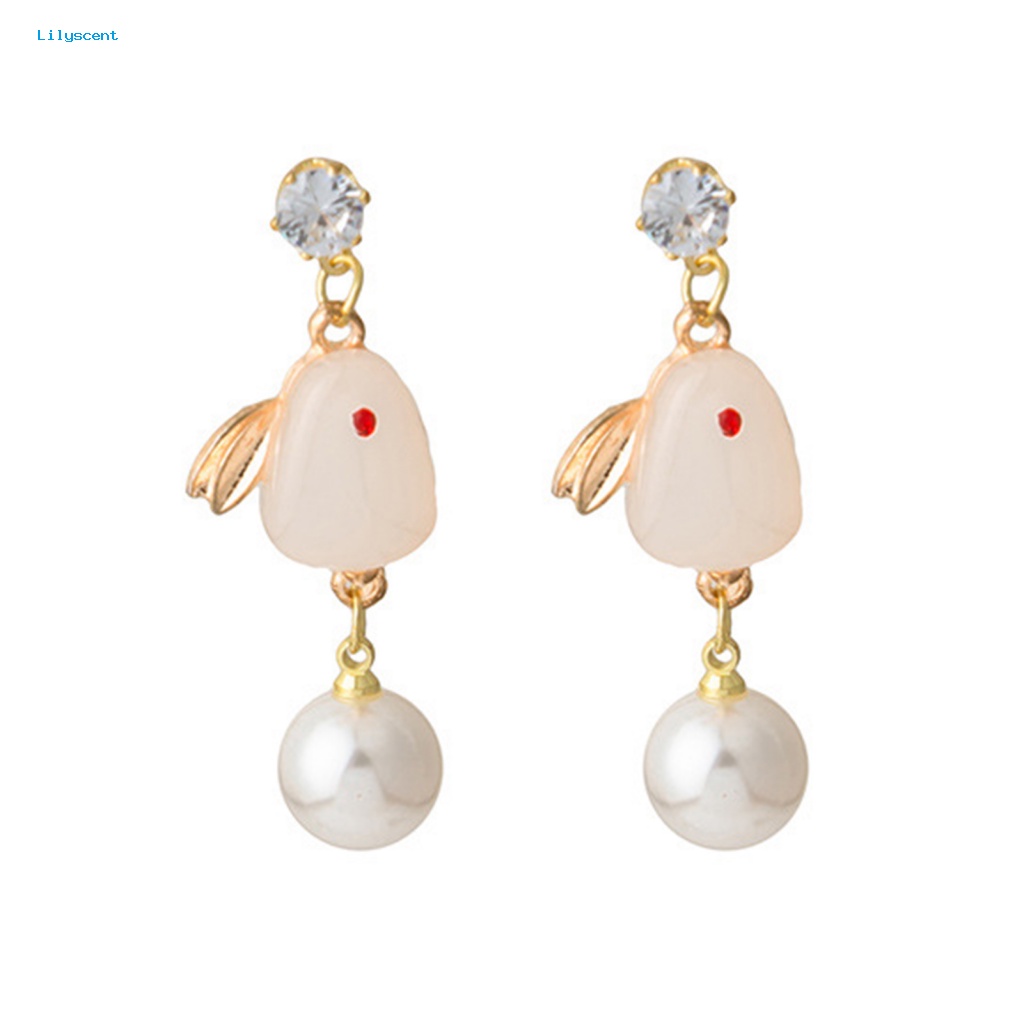 Lilyscent 1pasang Anting Tusuk Elegan Untuk Pakaian Sehari-Hari Wanita Mutiara Imitasi Bunny Drop Earrings Pengerjaan Halus