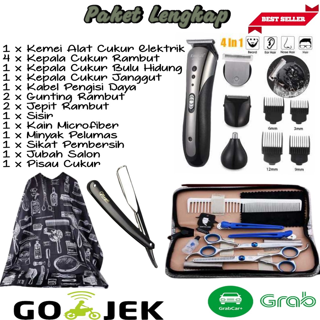 Paket Alat Cukur Elektrik Mesin Cukur Rambut BarberShop Gunting Rambut Gunting Sasak Lengkap