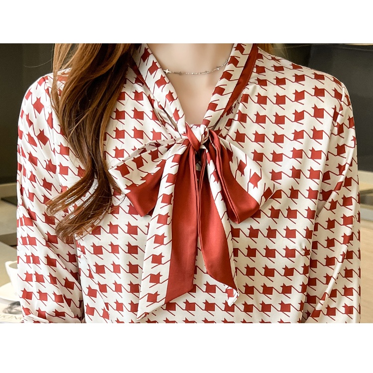 2023 New Fashion Korean Style Women Long Sleeve Blouse Red Houndstooth Casual Work Shirt