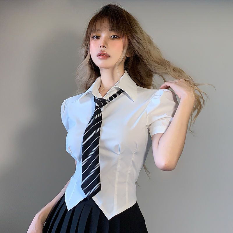 Red Rapcopter Korean college style puff sleeve shirt female POLO gift tie breasted slim fit all-match top summer