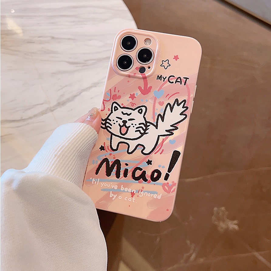 IPHONE Ins Lucu Pink Graffiti Line Cat Kartun Silikon Case Untuk Iphone14 11 12 13 PRO MAX Casing Cover Pelindung AT0190
