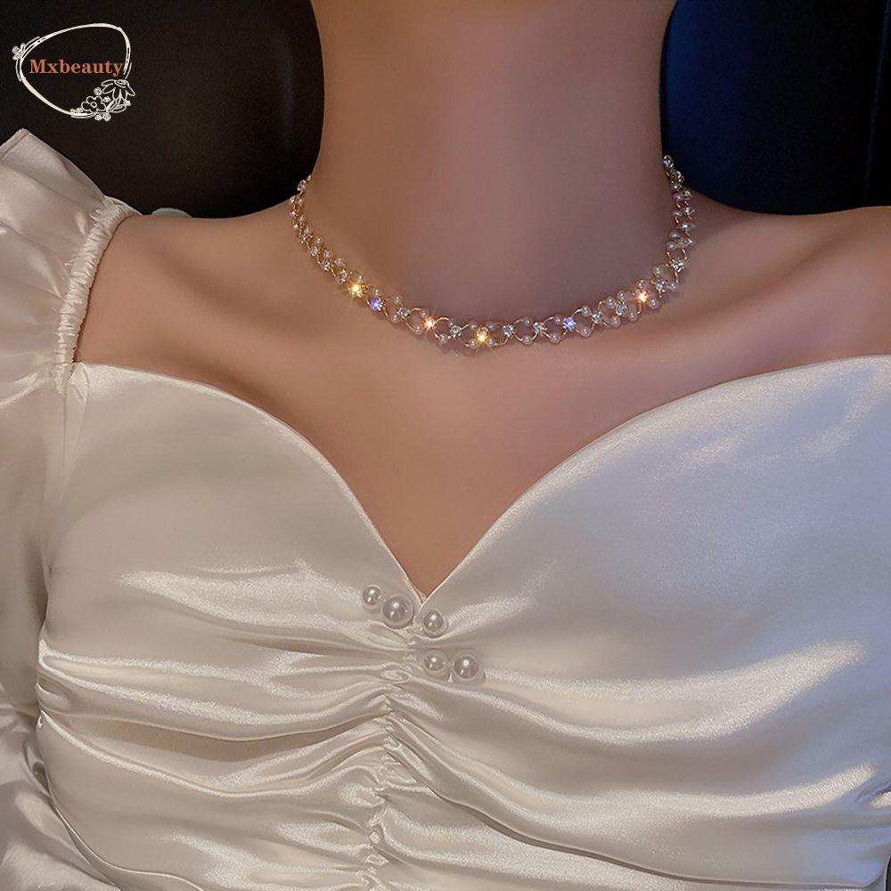 Mxbeauty Kalung Wanita Elegan Perhiasan Hadiah Gelombang Bunga Kaca Kristal Alloy Aksesoris Perhiasan