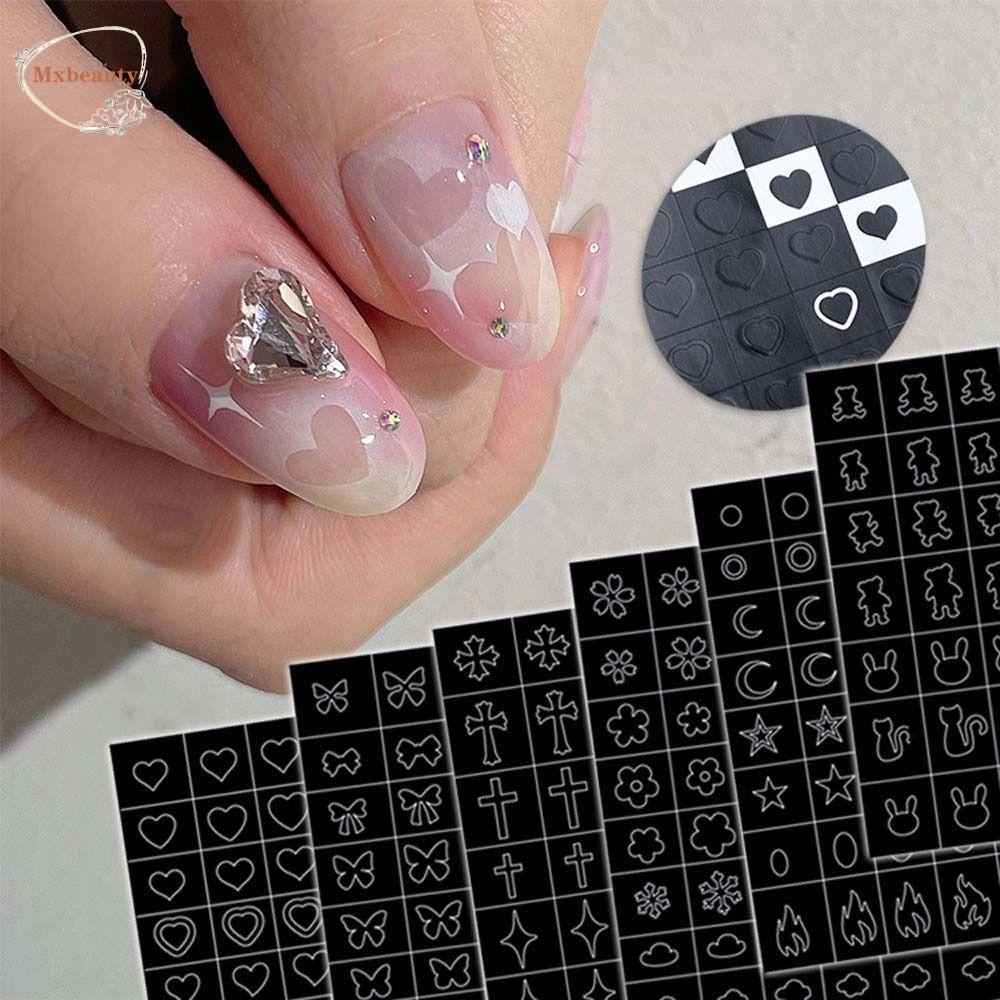 Mxbeauty Berongga Spray Template Jantung Fashion Cross Manicure Aksesoris Bunga Beruang Dicat Tangan Kuku Decals