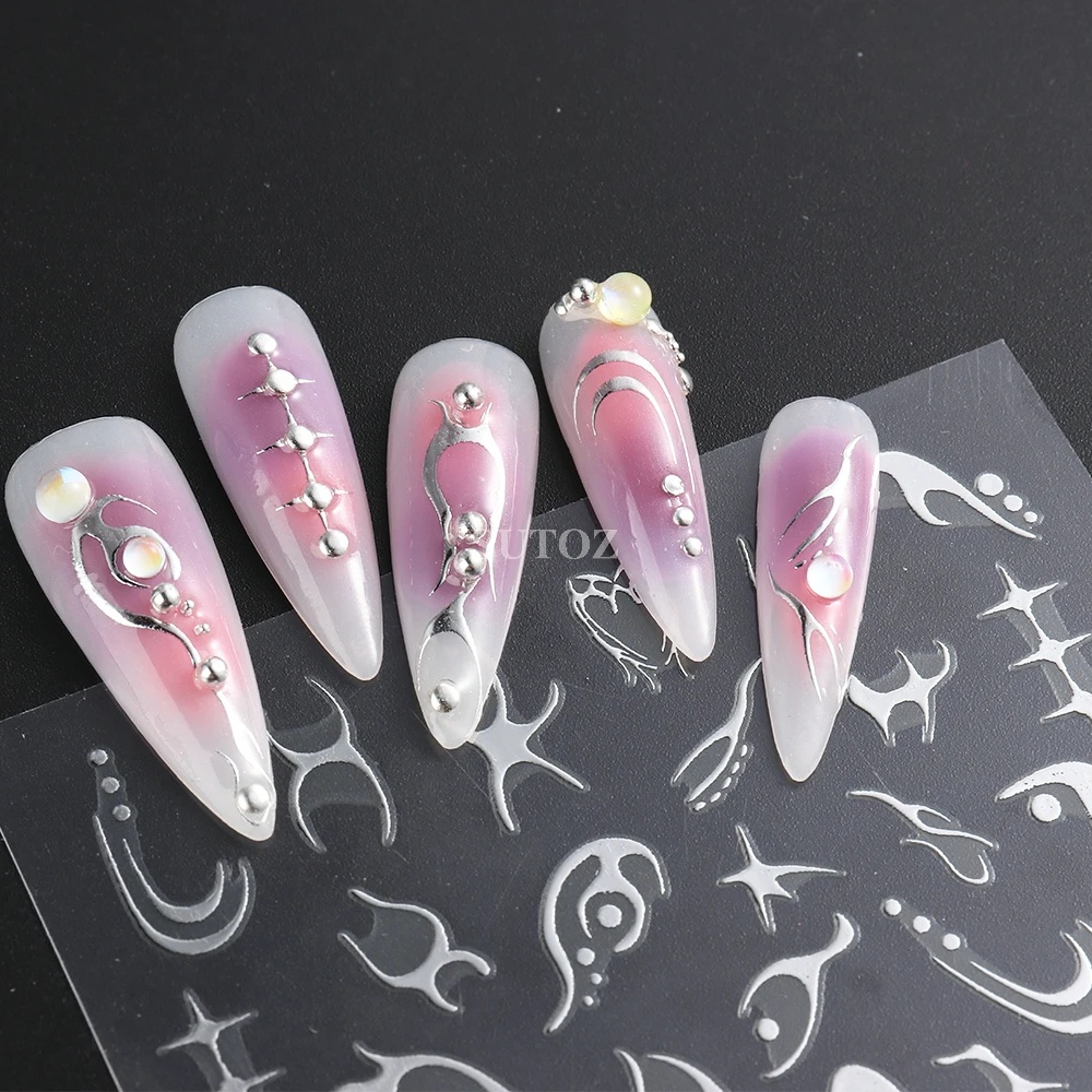 [Unggulan] 1pc 3D Self-Adhesive Silver Lines Nail Decals Laser Geometri Api Stiker Kuku Gothic Manicure Decor DIY Nail Art Alat Kuku Untuk Wanita