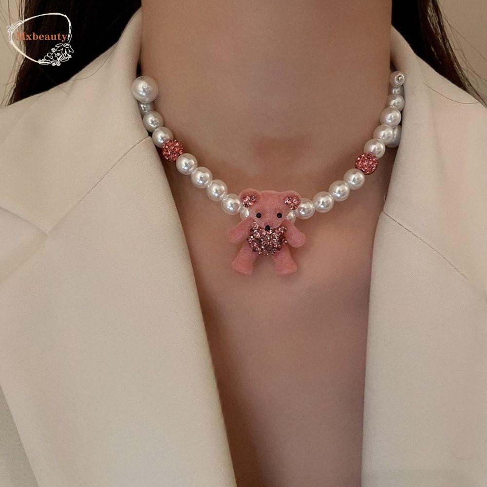 Mxbeauty Flocking Bear Earrings Kalung Niche Desain Berlian Imitasi Rasa Hadiah Anniversary Rantai Klavikula Mutiara Imitasi Anting Hati Merah Muda
