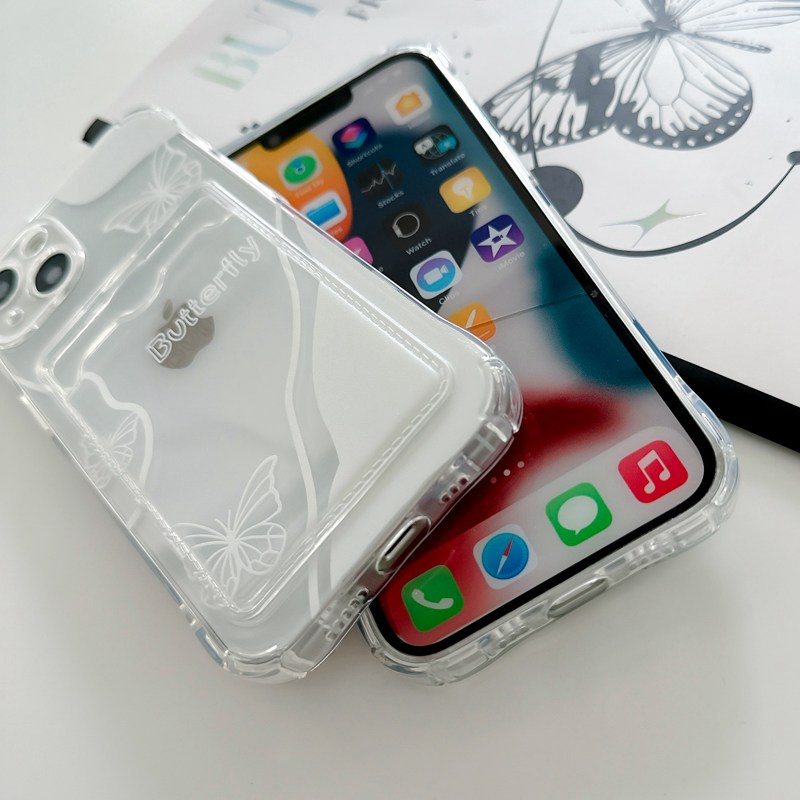 【Card Case】Black White Butterfly Girl Woman Clear Soft TPU Case HP iP iPhone 7 8 14 + Plus SE 2020 X XS XR Max 11 12 13 Pro Max FTD Casing Apple