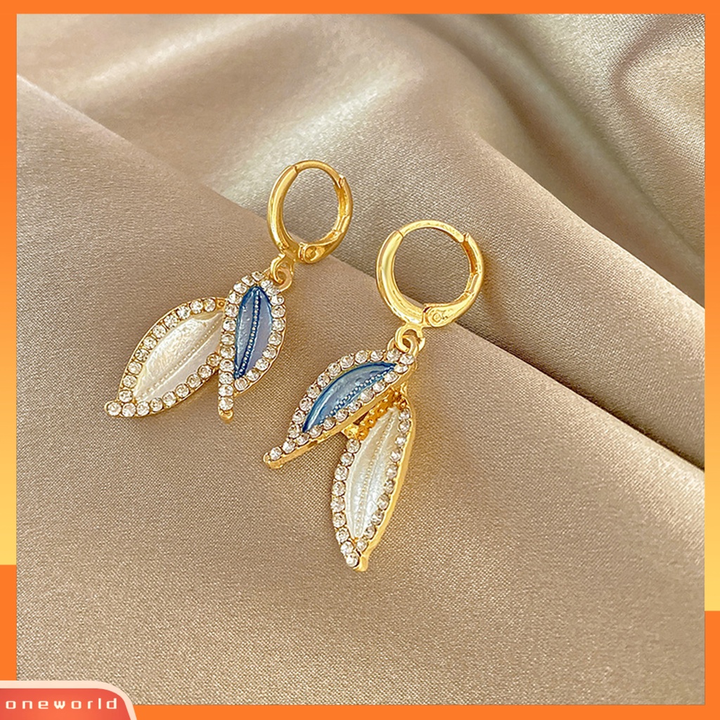 [EONE] 1pasang Anting Menjuntai Gaya Retro Elegan Temperamen Hadiah Berkilau Berlian Imitasi Daun Biru Wanita Drop Earrings Perhiasan Aksesoris