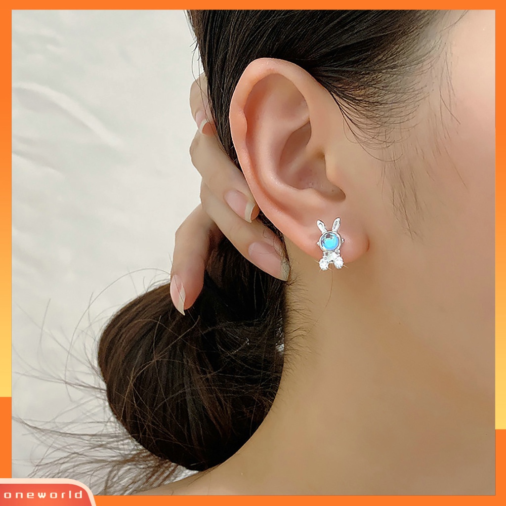 [EONE] 1pasang Ear Studs Faux Moonstone Mini Bawa Keberuntungan Bling Berlian Imitasi Kelinci Bunny Wanita Anting Perhiasan Aksesoris