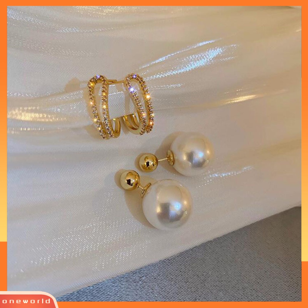 [EONE] 1pasang Anting Wanita Mutiara Imitasi Electroplating High Gloss Tahan Aus Geometris Dekorasi Colorfast Temperamen Women Stud Earrings Perhiasan Aksesori