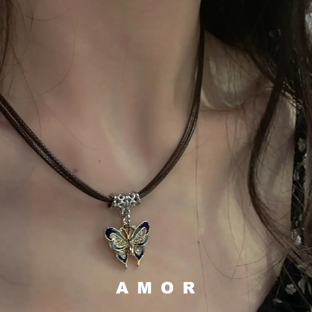 Y2k Vintage Butterfly Pendant choker Kalung Tali Kulit