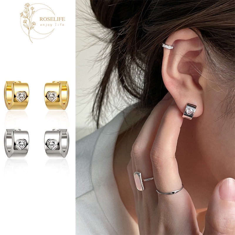 Roselife Vintage Emas S925 Perak Berkilau Hati Kristal Chunky Hoop Earrings Untuk Wanita Perempuan Minimalis Lingkaran Lebar Anting-Anting Sederhana Fashion Geometris Telinga Perhiasan Hadiah